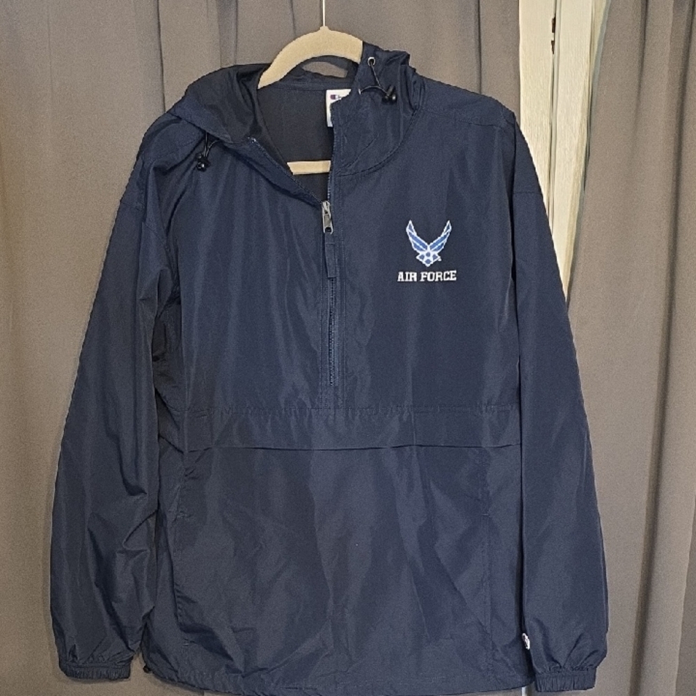 Champion Men's Windbreaker Air Force Logo Navy Hood Zips Pockets Sz L EUC